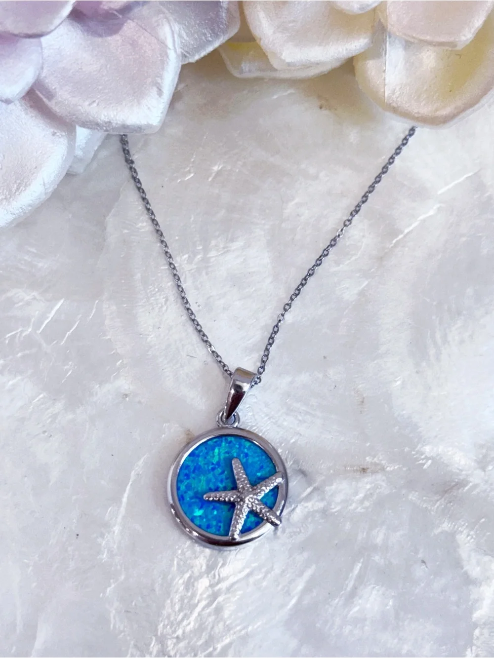 925 Lab Created Blue Opal Starfish Pendant Necklace NEW